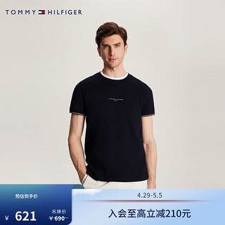 TOMMY HILFIGER【镶边袖口】24夏男纯棉平纹针织拼色袖口修身T恤32584 藏青色DW5 XXL （：170-190斤）