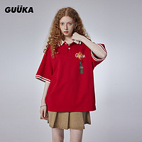 古由卡（GUUKA）美式复古重磅纯棉短袖T恤男夏潮 休闲活泼拼接上衣宽松 马术红F4627 S