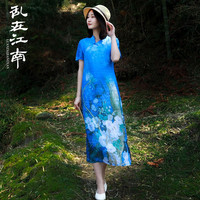 乱在江南苎麻印花中国风改良旗袍裙收腰显瘦夏季优雅气质连衣裙 一字扣 XL