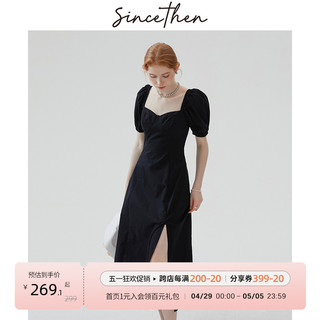 sincethen 黑色连衣裙赫本风长裙小方领黑裙法式裙子茶歇裙女夏季