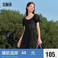 森马（Semir）连衣裙女设计感绑带木耳边法式方领短裙宫廷风107423114048 黑色90001 M