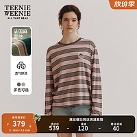 Teenie Weenie小熊2024法国麻宽松条纹长袖T恤亚麻混纺打底衣 粉色 170/L