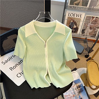缝小二 polo领双拉链T恤女撞色开衫夏季短袖 浅绿色 S