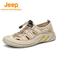 Jeep 吉普 2023年夏季户外休闲凉鞋包头真皮网面一脚蹬镂空沙滩鞋