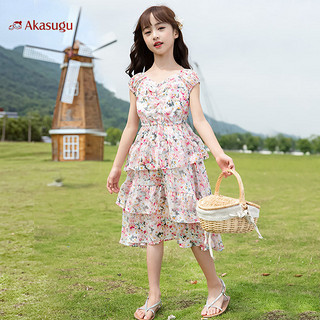 百亿补贴：Akasugu 新生 女童连衣裙2024夏季新款修身方领高腰灯笼袖短裙小清晰女