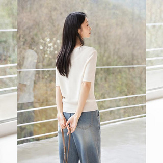 DUIBAI 对白 2024夏装简约纯色轻薄纱线双层螺纹设计女式短袖针织衫