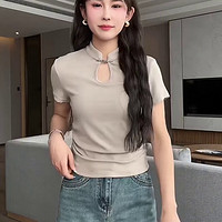 缝小二 立领盘扣短袖T恤女新中式国风夏季短款上衣 奶茶色 M码