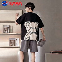 NASAOVER NASA卡通黑色小熊夏季男士睡衣纯棉短袖薄款青少年学生家居服套装