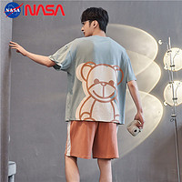 NASAOVER NASA卡通小熊夏季男士睡衣纯棉短袖薄款青少年大码学生家居服套装