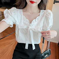 缝小二 泡泡袖格子短袖衬衫女夏季系带短款上衣 白色 M