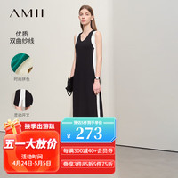 AMII2024夏V领双曲纱拼色连衣裙女宽松无袖背心裙针织裙子12442237 黑色 155/80A/S