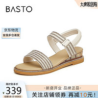 BASTO 百思图 24夏复古罗马凉鞋休闲一字带坡跟女露趾凉鞋A3152BL4 白/金 35