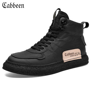 Cabbeen 卡宾 高帮鞋男牛皮板鞋解构风透气男鞋潮流运动男士休闲鞋3214204059 黑色 38
