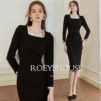 Roey s house 罗衣魔衣2024春装复古方领包臀小黑裙女优雅修身褶皱连衣裙