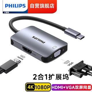 PHILIPS 飞利浦 Type-C扩展坞usb-c转hdmi/vga网口PD接头转HDMI线投屏 二合一（HDMI+VGA）