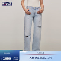 TOMMY JEANS 24春夏女装纯棉复古拼色口袋破洞低腰直筒牛仔裤18111 牛仔蓝1AB 27