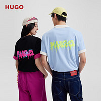 HUGO男女同款2024夏季双徽标图案宽松版型棉质平纹针织T恤 001-黑色 S