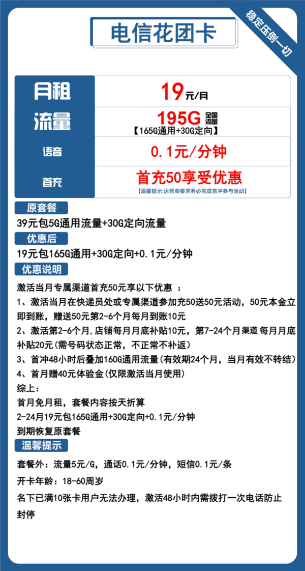 CHINA TELECOM 中国电信 花团卡 两年19元月租 （195G国内流量+5G网速+首月免租）赠电风扇/一台