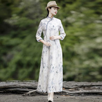 知筆墨中式国风禅意女装2022春夏改良旗袍水墨印花高端苎麻连衣裙 花色 均码