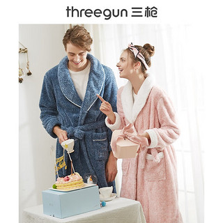 THREEGUN 三枪 睡衣男女秋冬加绒花灰舒棉绒翻领开襟英文刺绣家居情侣睡袍 粉花灰 L