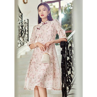 香影（xiangying）旗袍女改良年轻款夏秋新中式碎花连衣裙早秋 粉红色 M