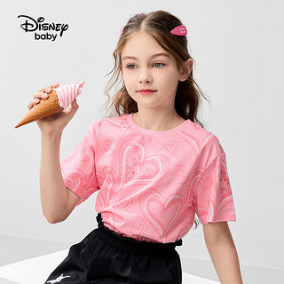 迪士尼童装女童针织短袖T恤2024年夏季舒适棉质儿童宝宝半袖上衣 粉色爱心玛丽猫 150