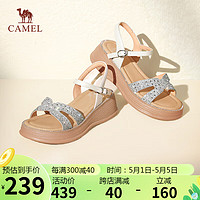 骆驼（CAMEL）坡跟凉鞋女度假风牛皮闪钻条带搭扣凉鞋 L24M040624 米白/银 39