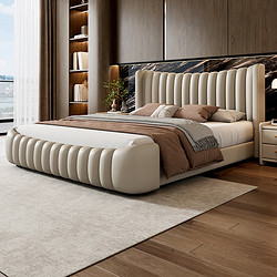 摩天床 现代轻奢主卧大床软包实木双人床1.8米2米头层牛皮床