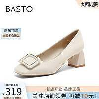 BASTO 百思图 24春时尚粗跟方头浅口单鞋通勤一脚蹬女鞋WA720AQ4 米色 35