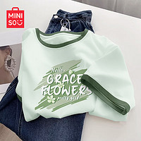 MINISO 名创优品 撞色短袖t恤女2024年新款潮流夏季纯棉半袖中学生爆款果绿色女装 薄荷绿