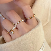 Trendolla 锆石珍珠圆珠弹力几何开口戒指三件套轻奢小众食指戒手饰 戒指-金色三件套