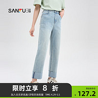 SANFU 三福 牛仔裤2024夏季时尚潮流翻边脚口中腰直筒长裤女装485966 牛仔浅蓝 170/30