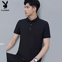 PLAYBOY 花花公子 T恤男短袖夏季男士polo打底衫翻领商务休闲上衣服男装 黑色 3XL