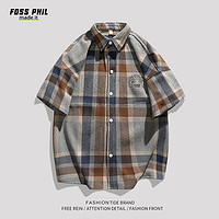 Foss Phil 短袖衬衫男士夏季宽松格子衬衣休闲外套男装CY53灰蓝XL