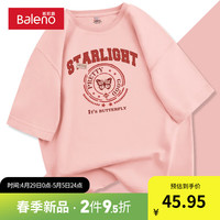 班尼路T恤女2024重磅纯棉短袖夏季多巴胺穿搭小个子宽松半袖 粉-蝴蝶印章 S