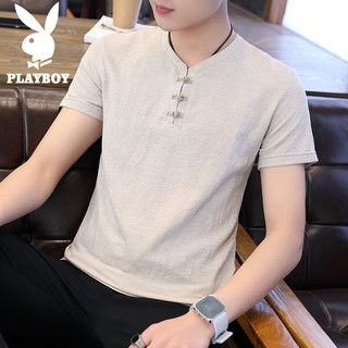 花花公子（PLAYBOY）冰丝短袖t恤男2024夏季潮流百搭休闲薄款v领短袖男士上衣 绿色 XL