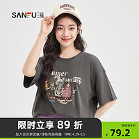 SANFU 三福 短T恤2024夏季美式复古图案印花宽松圆领上衣女装485162 炭灰（人） 160/84A/S