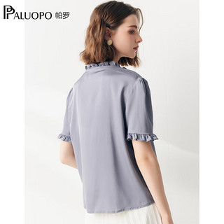 帕罗（PALUOPO）2024真丝短袖t恤木耳边风琴褶优雅纯色荷叶袖T上衣体恤上装 蓝灰色 M(160/84A)