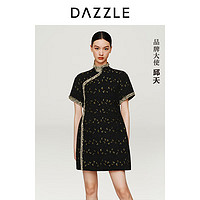 DAZZLE地素邱天同款魔方旗袍春秋国风复古连衣裙短袖裙子女 黑色 S