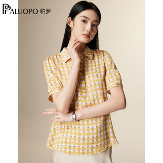 帕罗（PALUOPO）春夏女士短袖t恤真丝印花polo领T短袖通勤撞色上装双乔半袖衫 黄色 XL(170/92A)