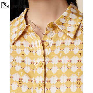 帕罗（PALUOPO）春夏女士短袖t恤真丝印花polo领T短袖通勤撞色上装双乔半袖衫 黄色 XL(170/92A)