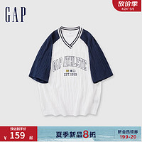 Gap女装2024夏季肌理感logo撞色插肩短袖宽松上衣465685 白色 160/80A(S) 亚洲尺码