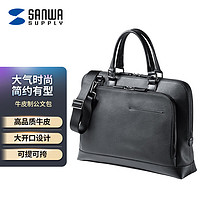 SANWA SUPPLY高级真皮电脑包手提 大容量单肩笔记本包 时尚商务公文包日常通勤 黑色 13.3英寸
