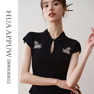 新中式黑色蝴蝶短袖T恤女装2024夏季新款刺绣盘扣国风上衣潮
