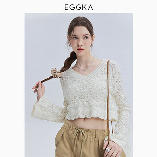 EGGKA  V领喇叭袖镂空针织衫春秋法式设计感小众别致短款上衣 白色 S