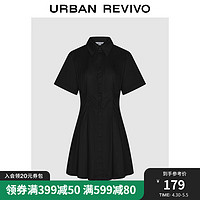 UR2024夏季女装通勤风压褶修身短袖棉质连衣裙UWU740075 正黑 XS