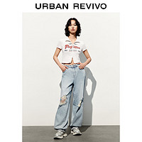 URBAN REVIVO 女士美式印花双拉链立领修身短袖T恤 UWL440102 象牙白 M