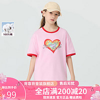 Kappa Kids卡帕儿童夏季短袖印花图案舒适全棉简约百搭女童T恤校园上衣 粉色   120