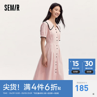 森马（Semir）连衣裙女纯棉泡泡袖初恋裙2024夏撞色大翻领中长裙学院风 橡皮粉61201 160/84A/M