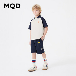 MQD童装男大童学院风短袖polo领套装24夏新背后图案短袖t短裤组合 米白 170cm